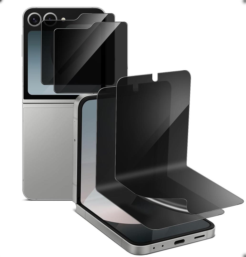 [2+2 Pack Privacy Screen Protector for Samsung Galaxy Z Flip 6, 2X Inner Soft Black TPU Foldable Film, 2X Tempered Glass Privacy Front, Anti-Spy, Anti-Scratch