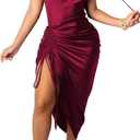 Women's Spaghetti Strap Satin Dress Sexy Backless Drawstring Ruched Split Hem Cocktail Evening Party Wine M