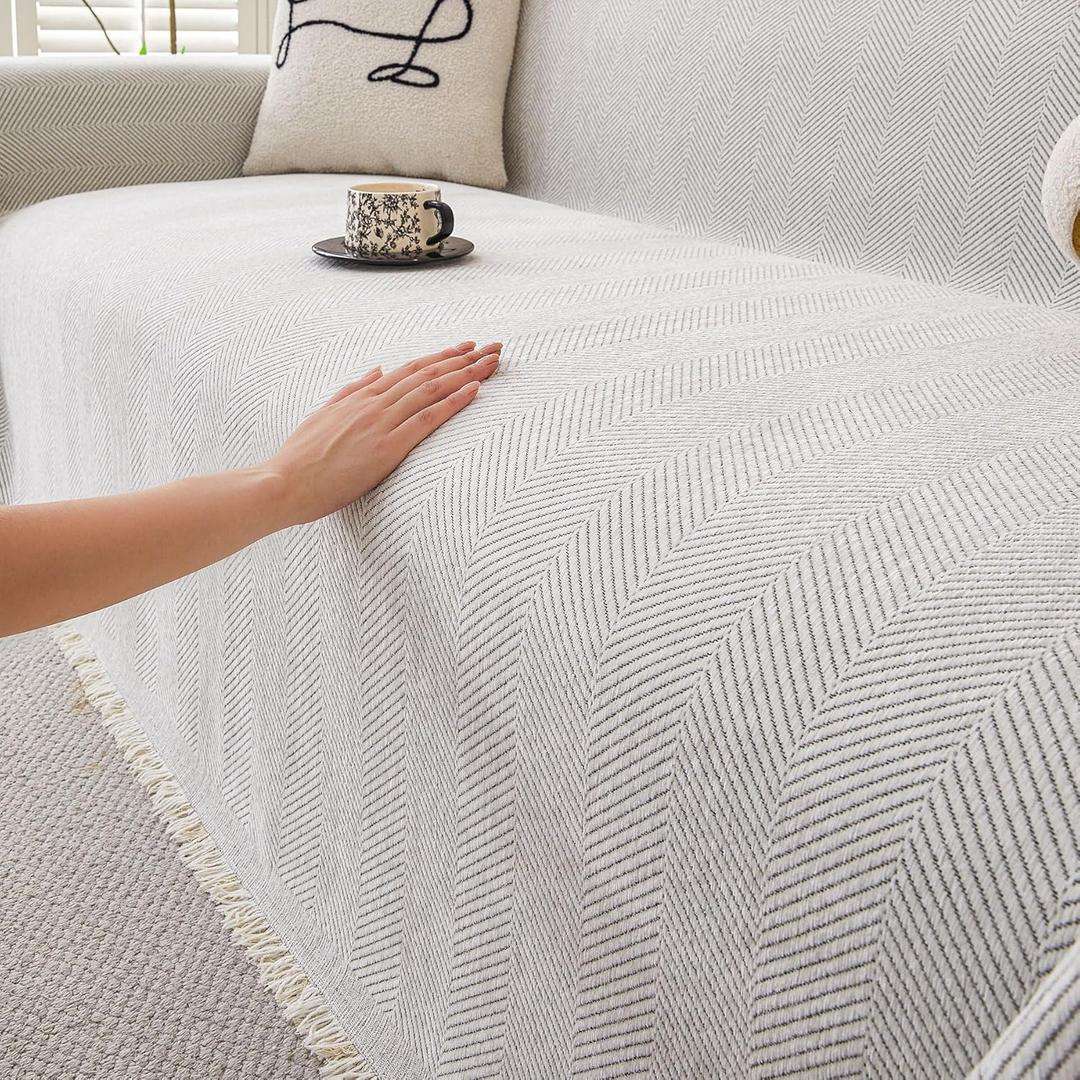 HAOMAIJIA Non Slip Couch Cover Sofa Covers for 3 Cushion Couch Washable sectional Couch Covers for Dogs pet Furniture Protector Couch Cover Blanket for Living Room (Off White, 91"x134")