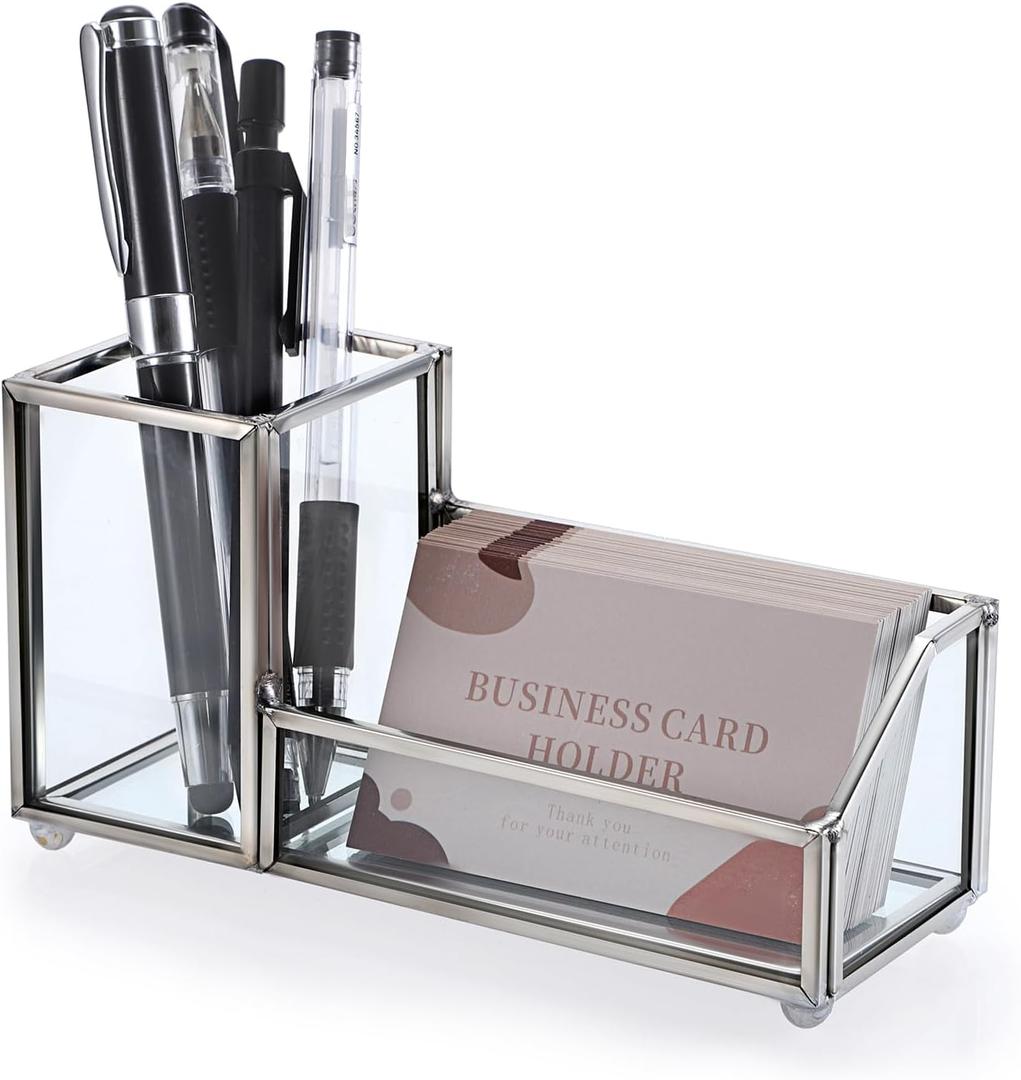 Hipiwe Glass Business Card Holder Metal Pen Pencil Storage Holder for Desk Clear Business Card Display Organizer Case for Office Home,2 Slots,Silver