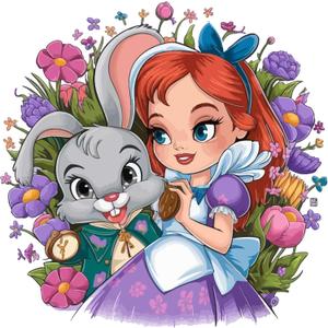 Vibrant Cute Floral Alice and Rabbit Mad Hatter Cheshire Cat Alice in Wonderland Adventurous Creative Minimalist Cartoon Girls Boys Kid Room Design Nursery Fun Home Vinyl Decoration Size (28x28 inch)