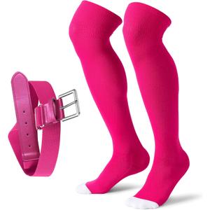 XZQTIVE Baseball Socks and Belt Combo,Over the Knee Softball Socks and Belt,Knee High Football Socks for Kids Youth Adults (Pink)