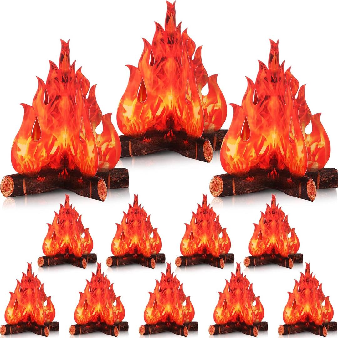 Boao 12 Set Fake Fire Fake Flame Camping Decoration 3D Cardboard Campfire Centerpiece Artificial Flames Campfire Party Decoration for Camp Bachelorette Party(Red Orange,11.8 Inch)