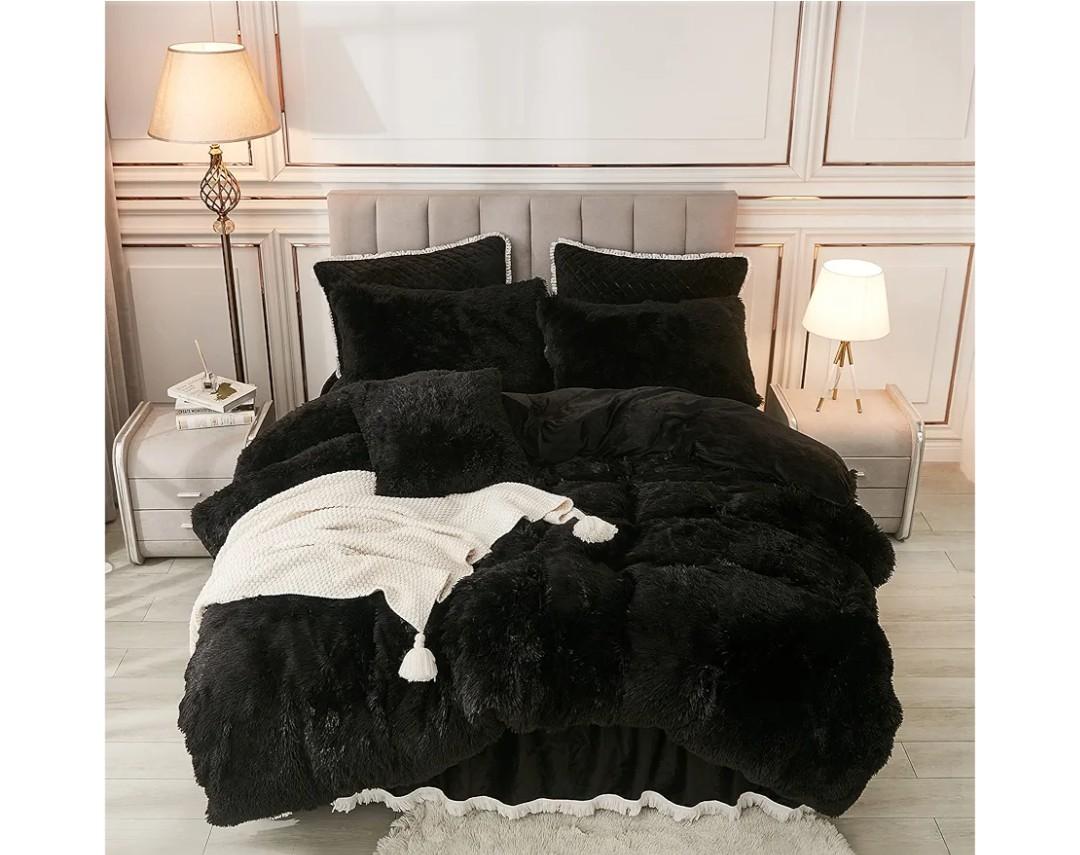 annadaif Plush Shaggy Duvet Cover, Black Fluffy Comforter Cover Set Full Size, Fuzzy Faux Fur Bedding Set with Zipper Closure, Luxury Ultra Soft 3 Pieces (1 Duvet Cover, 2 Pillowcases)