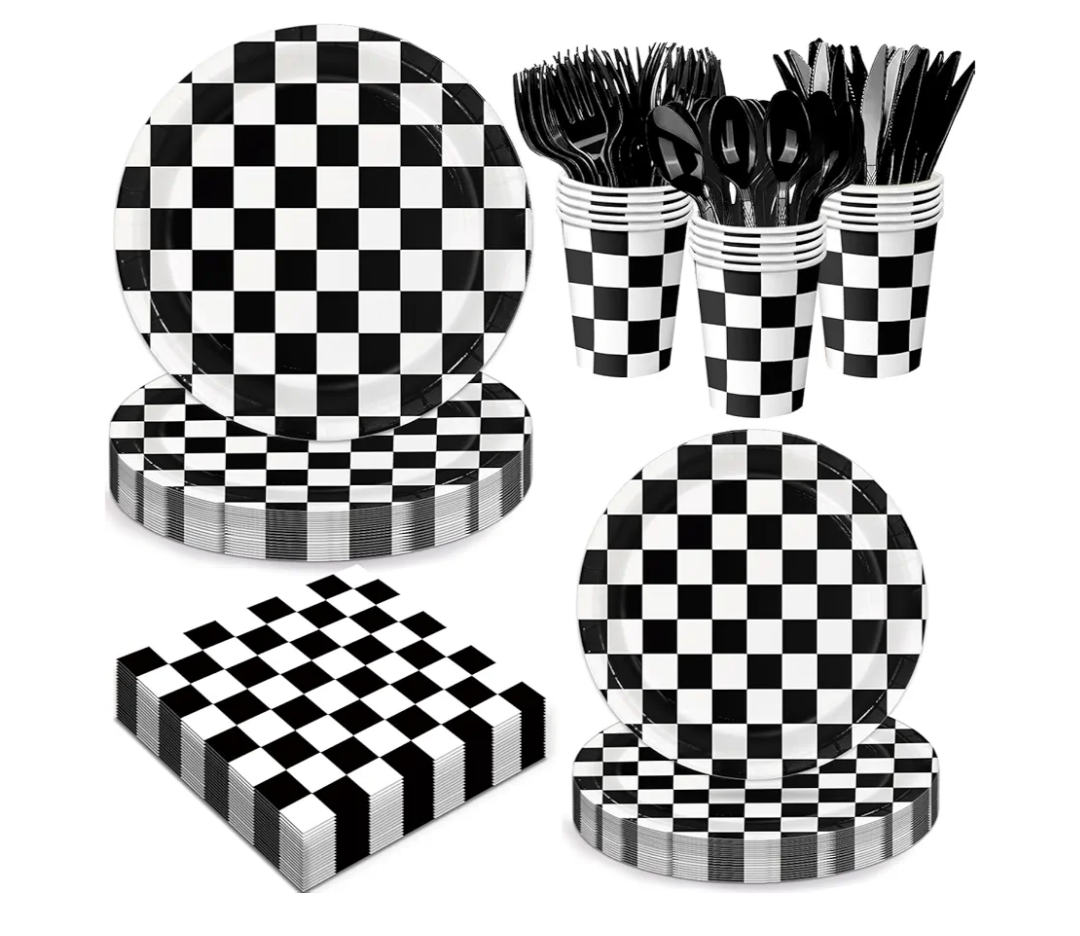 100 Pcs Racing Checkered Party Supplies Set, Serves 25 – Disposable Black and White Checkerboard Paper Plates, Napkins, and Forks, Race Car Themed Tableware for Birthday, and Racing Table Decorations