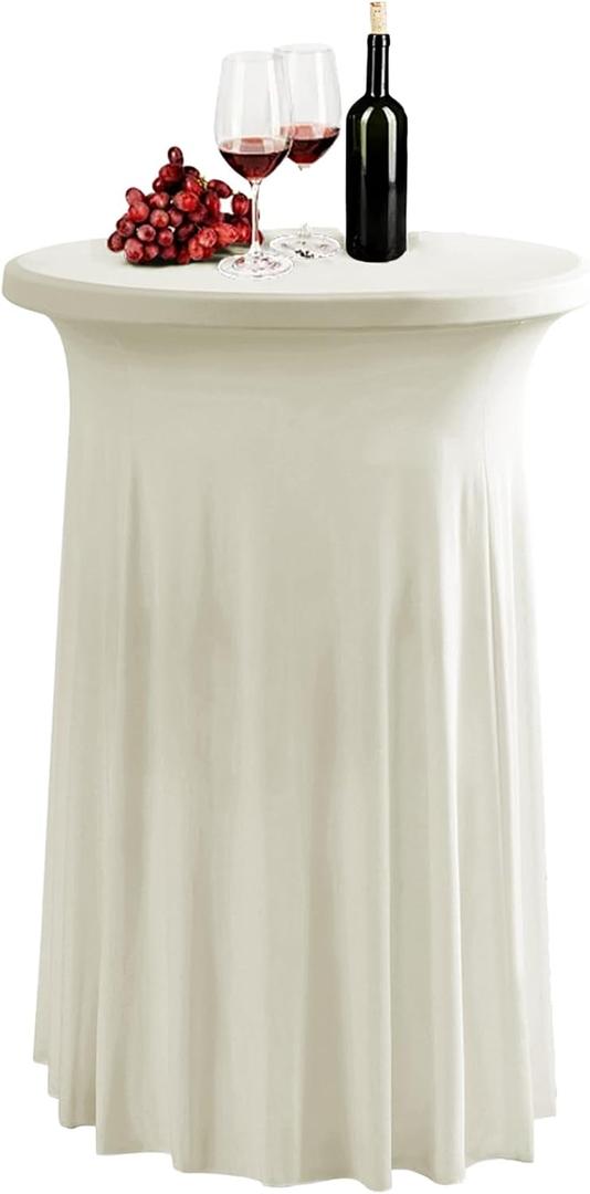 1 Pack Beige Spandex Stretch Round Table Covers with Skirt - 32x43 Inch Fitted Elastic Cocktail Tablecloth for High Top Bar, Party & Wedding Decor, Beige