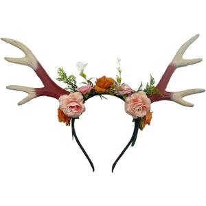Deer Antler Headband Reindeer Horns Rose Flower Crown for Women Halloween Christmas Cosplay Hair Accessory