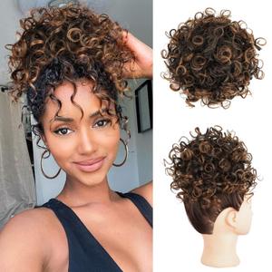 Lommel Messy Bun Hair Piece Short Curly Ponytail Extension Elastic Drawstring Loose Wave Curly Hair Buns Hair Piece Synthetic Hair Extensions Hair Bun for Women Daily Use(Black to Auburn Brown)