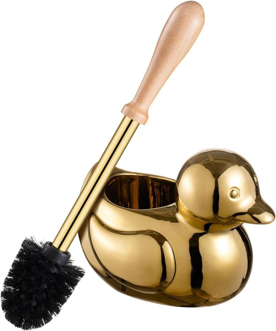 Gold Duck Toilet Brush and Holder Set,Non-Slip Handle Toilet Bowl Brush with Wooden & Stainless SteelHandle, Practical Bathroom Accessories Cleaning Tools Set