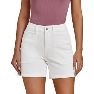 luvamia Jean Shorts for Women Trendy Mid Rise Casual Summer Jorts Distressed Cut Off Stretchy Denim Shorts with Pockets (White, L)