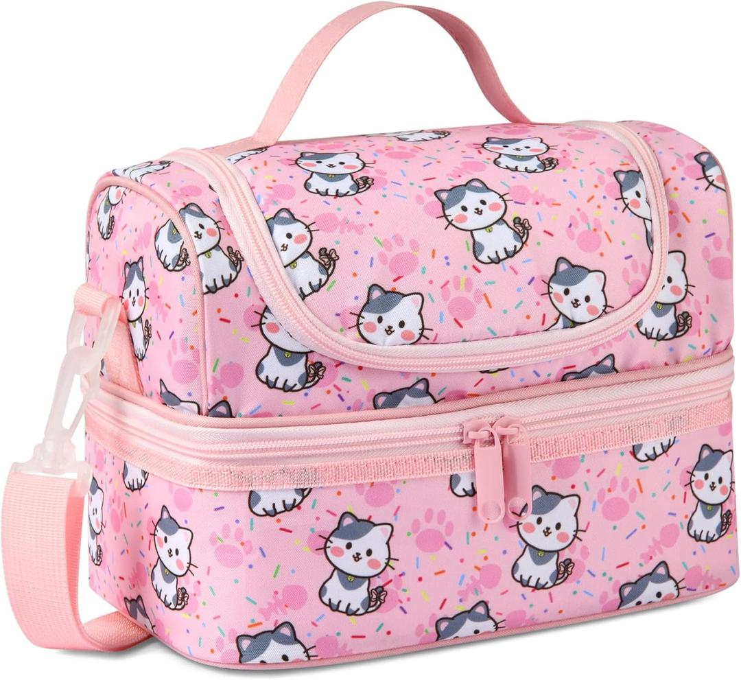 Kasqo Lunch Box Bag for Girls, 6.5L Insulated Mini Cooler Bag Kids Lunch Tote with Dual Compartments, Pink Cat