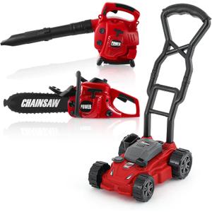 Arrowbash 3-in-1 Kids Gardening Toy Set, Toy Leaf Blower & Chainsaw & Push Lawn Mower with Realistic Sound, Outdoor Backyard Play Educational Learning Birthday Summer Gift for 3-8 Boys Girls, Large