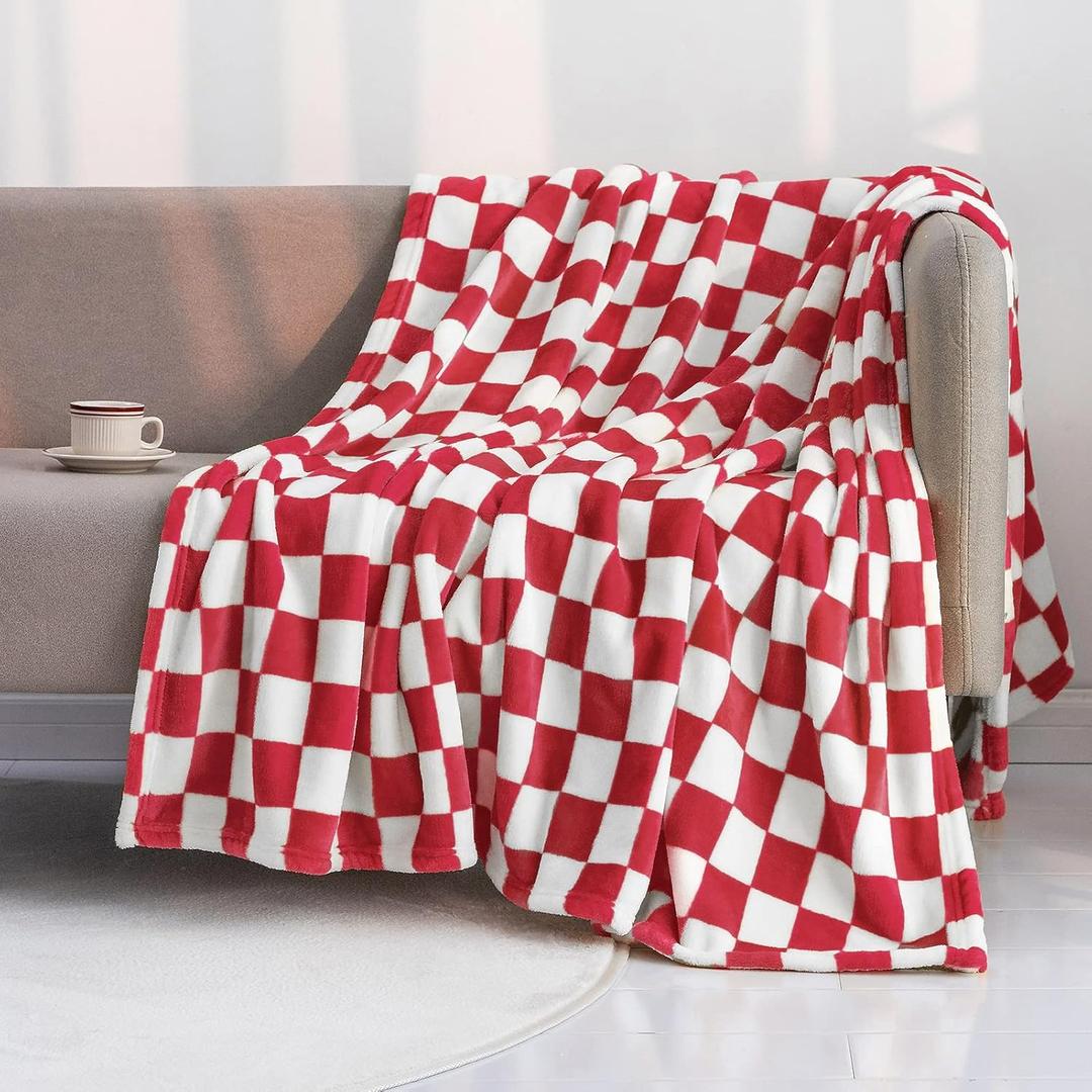 LOMAO Throw Blankets Flannel Blanket with Checkerboard Grid Pattern Soft Throw Blanket for Couch, Bed, Sofa Luxurious Warm and Cozy for All Seasons (Red, 60"x80")