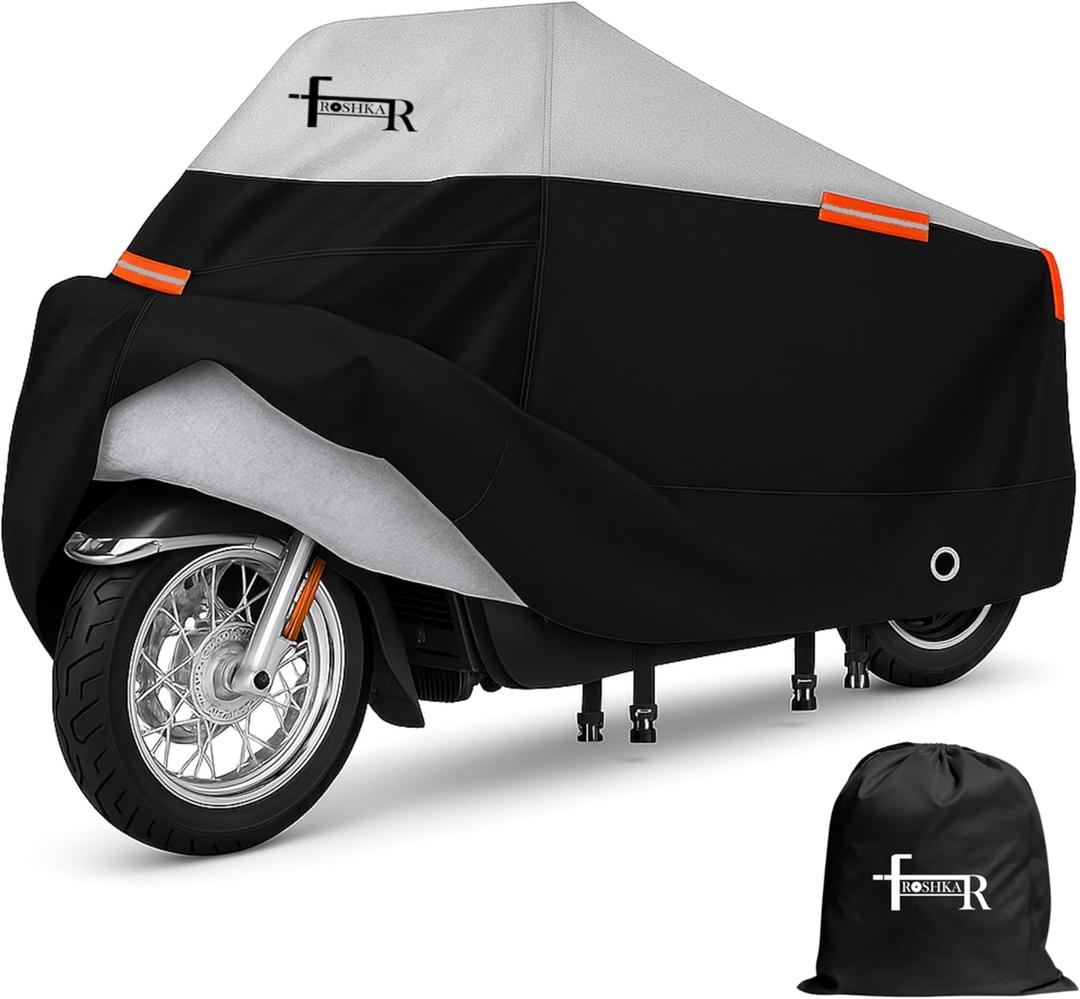 Motorcycle Cover Waterproof Outdoor with Cotton Lining, All Weather Protection from Rain, Dust & Snow - 300D Heavy Duty, Lock Holes, Storage Bag, Universal Fits up to 96" Motorcycles - MC1 (MC1 - 96" x 41" x 49")