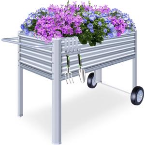 Galvanized Raised Garden Bed with Legs, Metal Raised Planter Box with Drainage Holes Outdoor Elevated Garden Bed on Wheels for Backyard, Patio, Balcony (Silver)