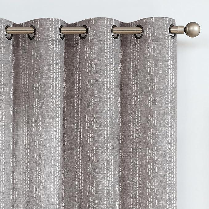 Jinchan Boho Curtains Linen for Living Room Farmhouse Grey 90 ''Length 2 Panels Bedroom Geometric Striped Printed Mudcloth Light Filtering Window Drapes Grommet Curtains,W52xL90, Gray on Beige
