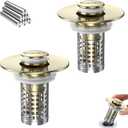 Bathroom Sink Drain Strainer, Stainless Steel Pop-up Strainer Basket Hair Catcher with Removable Basket, Brass Bullet Core, Universal Fit 1.1-2.36 Inch (Brushed Gold (2PCS))