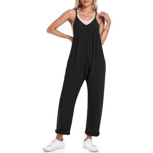 TARSE Women's Sleeveless Jumpsuits V Neck Harem Overalls Causal Adjustable Straps Stretchy Comfy Romper with Pockets 2025 (Black, L)