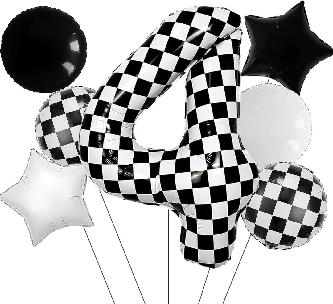 2 x Race Car Party Decorations  7PCS Black, White & Checkered Foil Balloons Set with Stars, Rounds & Checkered Number 4 Foil Balloons for 4th Racing Birthday Party Supplies