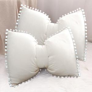14x20 Decorative Throw Pillow Covers with Pom Poms Bow Velvet Pillow Cases for Room Bed Sofa Couch Ivory x2