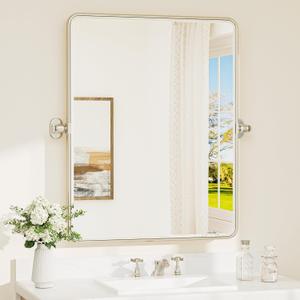 TETOTE Pivot Bathroom Mirror Brushed Nickel 24 x 30 Tilting Beveled Rectangle Metal Framed Tempered Glass Mirror, Farmhouse Adjustable Tilt Vanity Mirrors, Horizontal/Vertical, Easy to Install
