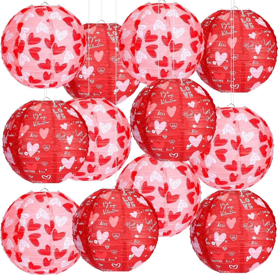 Bencailor 12 Pcs Valentine's Day Paper Lanterns Party Decorations Heart Hanging Round Lanterns 12 Inch Hanging Paper Decorations for Valentines Party Wedding Anniversary Supplies(Heart)