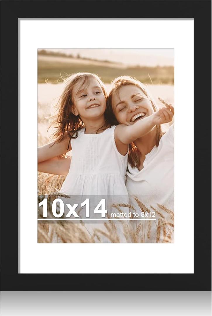 Hongkee 10x14 Picture Frame with Real Glass - 8x12 Wooden Frame with Mat, Horizontal and Vertical Display for Wall or Tabletop (Black, 1 Pack)