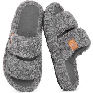 EverFoams Womens Fuzzy Open-toe Slippers Soft Comfy Memory Foam Indoor House Shoes (5-6, Cool Gray)