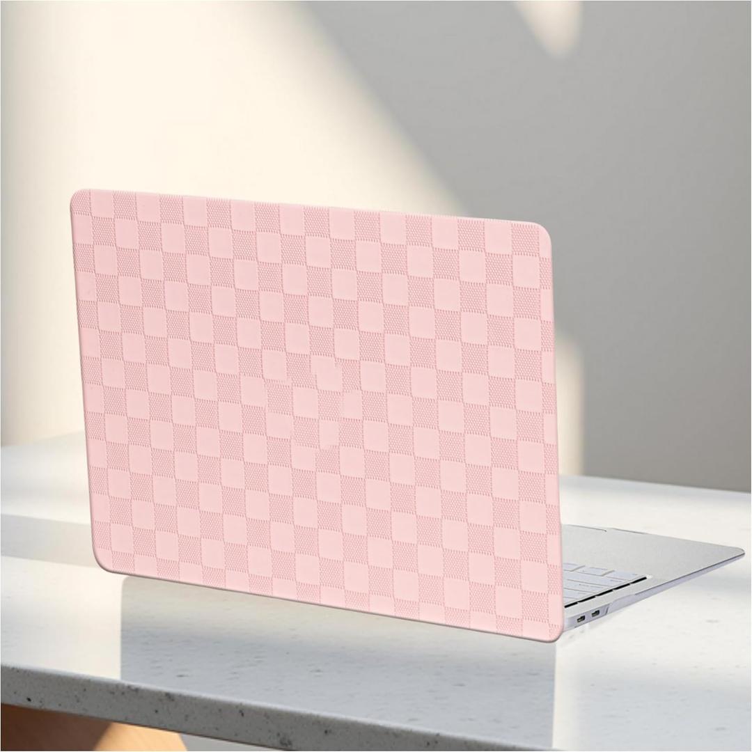 for MacBook Air 13.6 inch Case 2022-2026 M5 M4 A3240 M3 A3113 M2 A2681,for Mac Air M2 Checkered Print Textured Protective Leather Case&Keyboard Cover for Mac Air 13.6 M4,Checkered Pink