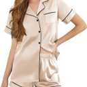 Silk Pajamas for Women Short Sleeve Sleepwear Soft Button Down Loungewear 2 Piece Satin Pjs Shorts Set Small (Champagne)