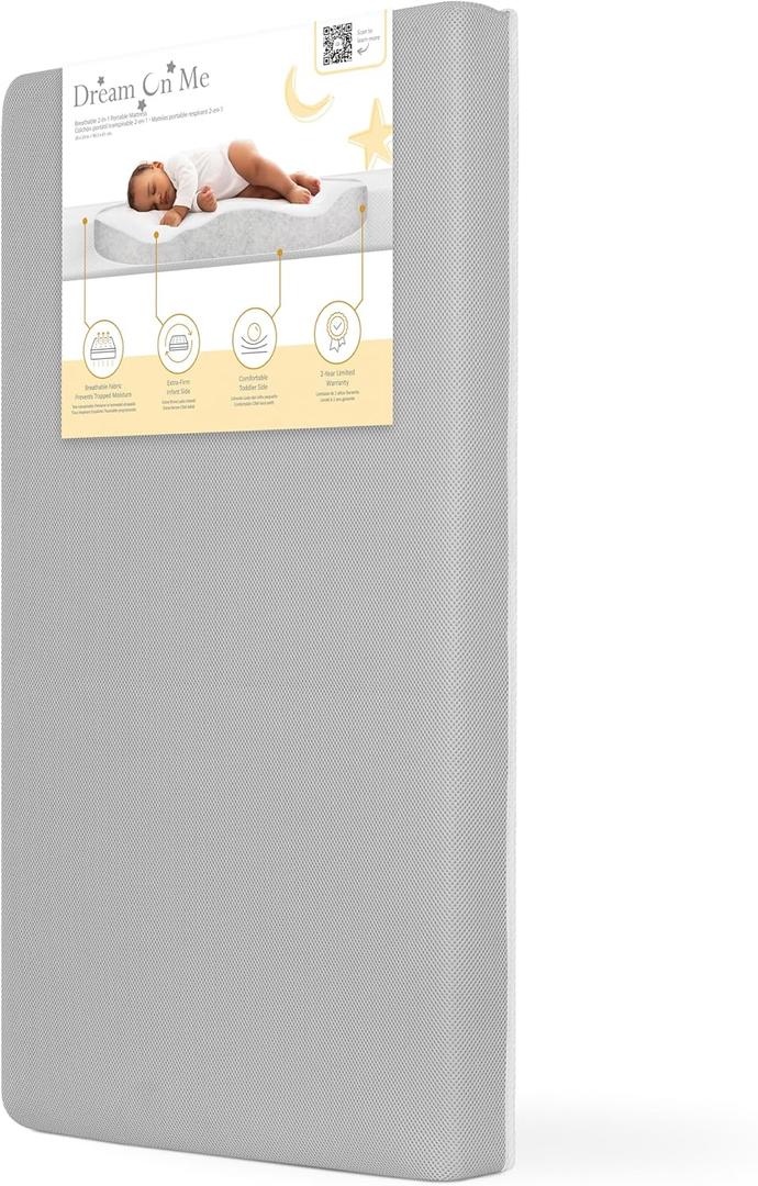 Dream On Me Snuggles Extra Firm Dual-Sided Baby Crib Mattress with Breathable Fabric, Water & Odor Resistant, GREENGUARD Gold Certified, Fits Mini & Portable Cribs (38x 24x 3) - Grey