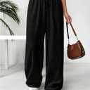 WDIRARA Women's Drawstring Waist Wide Leg Pants Casual Tie Front Pants (Black, S)