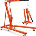 2-Ton Folding Engine Hoist Cherry Picker 4400 Lb Capacity Hydraulic Shop Crane with Telescoping Boom 6 Caster Wheels for Automotive Repair Garage Use Includes Hitch and Storage Stand Orange