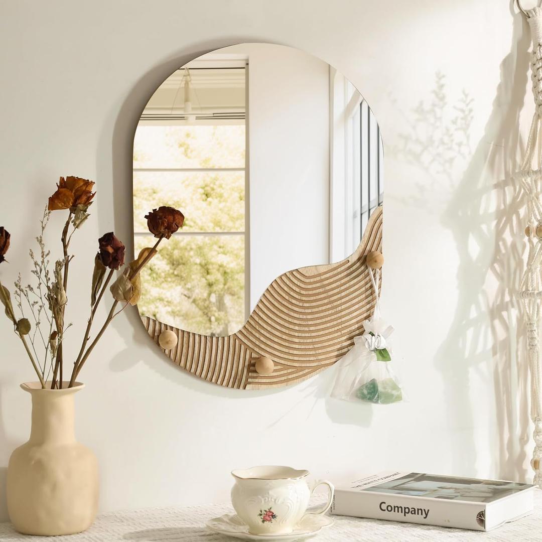 Boho Mirror Wall Decor for Home Office Apartment, 17.6" Countryside Wall-Mounted Decorative Mirror for Entryway Porch Garden, Farmhouse Hanging Panel Artwork Gift for Housewarming Birthday