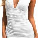 oten Women's Sexy Deep V Neck Sleeveless Ruched Bodycon Party Club Cocktail Mini Dresses (Medium, White)