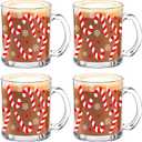 Whaline 4Pcs Christmas Glass Coffee Mugs with Handle Red White Xmas Candy Cane Coffee Cups Beverage Mugs for Hot Cold Drinks Home Winter Holiday Party