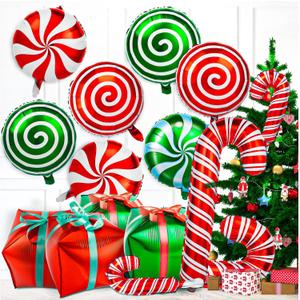 32Pcs Christmas Balloons, Christmas Candy Cane Foil Balloons with Ribbons, Red Green Mylar Balloon for Party Decorations