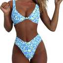 geluboao Bikini Set for Women Solid V Neck Knot Front Push Up High Leg Thong Two Piece Swimsuit (X-Large, Blue Floral)