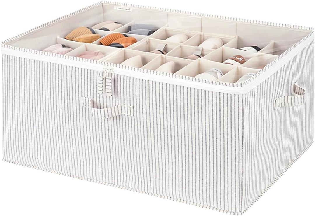 StorageWorks Shoe Organizer for Closet, Fits up to 24 Pairs, Shoe Cubby Storage Containers with Adjustable Dividers and Clear Cover, Khaki and Beige Stripes