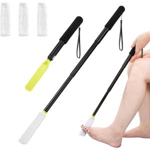 Toe Cleaning Brush,Foot Brush with Reusable Drying Covers.Foot Scrubber with Telescopic Aluminum Alloy 12"-24",Long- Handled Toe Lotion Applicator for Seniors,Elderly, Disabled Men and Women