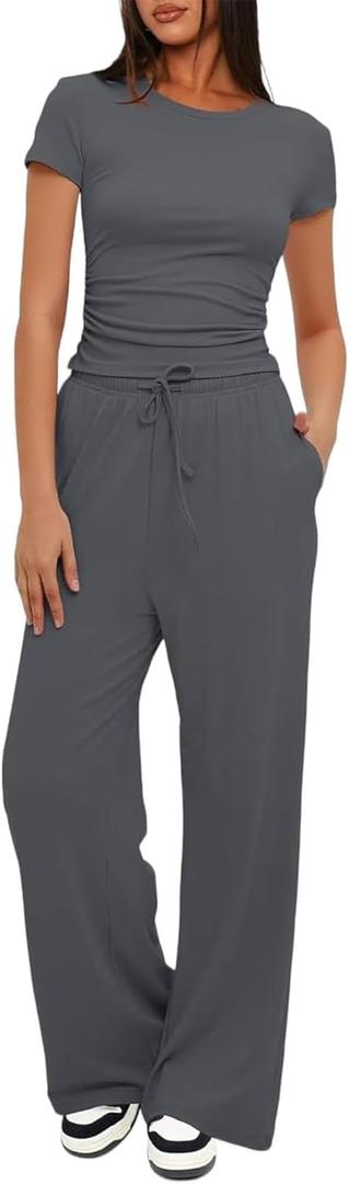 Women's 2 Piece Outfits Lounge Sets 2024 Ruched Short Sleeve Tops with Wide Leg Pants Summer Tracksuit Sets Dark Grey S