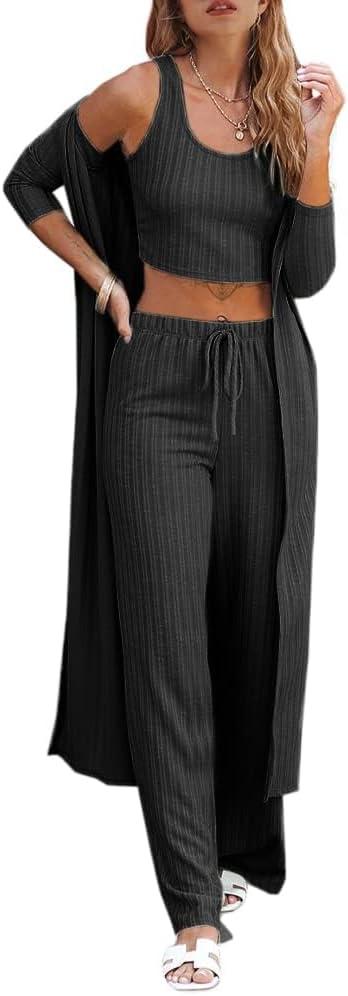 Fessceruna Womens 3 Piece Lounge Sets Pajamas Knit Long Sleeve Cardigan Crop Top Wide Leg Pants Loungewear Set (Large)