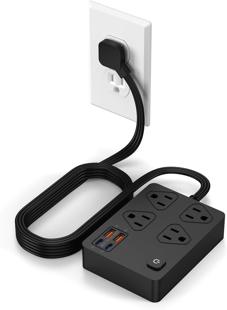 Power Strip Flat Plug with 4 AC Outlets 4 USB Ports (20W), Surge Protector Charging Station with Overload Protection, 6Ft Flat Plug Extension Cord, Fast Charging for Office Dorm Room