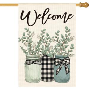 AVOIN colorlife Eucalyptus Mason Jar Spring Summer House Flag 28x40 Inch Double Sided Outside, Buffalo Plaid Welcome Yard Outdoor Flag (Multi)