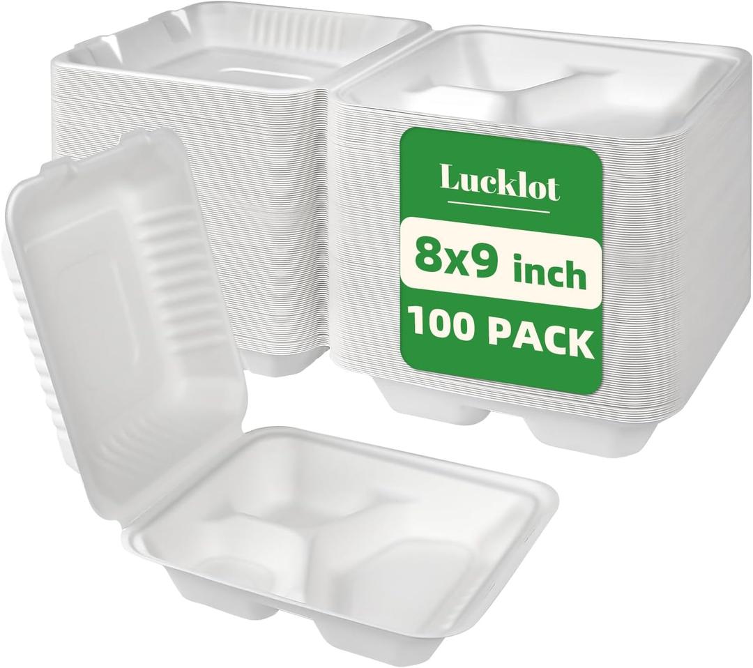 Lucklot 100 Pack Togo 8×9 Inch Disposable 3 Compartment White Clamshell Take Out Containers with Lids, To Go Takeout Lunch Boxes Compostable and Eco-Friendly Biodegradable Bagasse PFAS-Free for Food