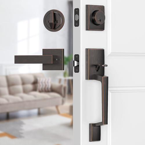 Brightify Oil Bronze Front Door Handle, Oil Bronze Exterior Door Handle with Door Lever, Front Door Lock Set, Adjustable Deadbolt with Single Cylinder, Reversible for Right&Left