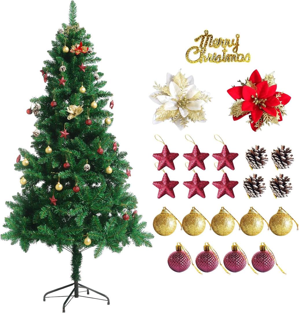 6ft Green Artificial Christmas Tree, Christmas Pine Tree for Home Party Christmas Decorations with 600 Branches and Two-Color Decorative Flowers Decorative Balls