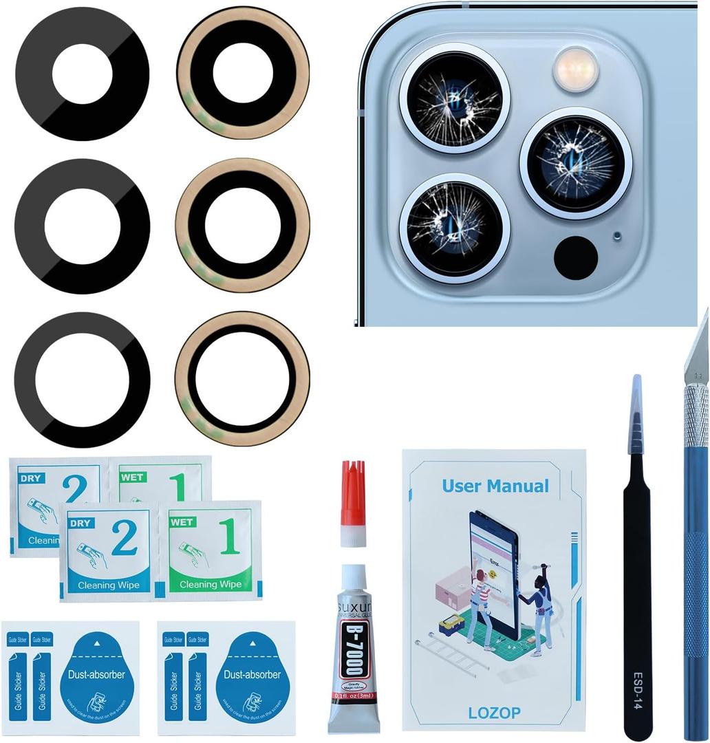Rear Camera Lens Glass Replacement with Adhesive Pre-Installed Compatible for iPhone 13 Pro / 13 Pro Max (3 Pieces/Set) with Repair Tools and Installation Manual