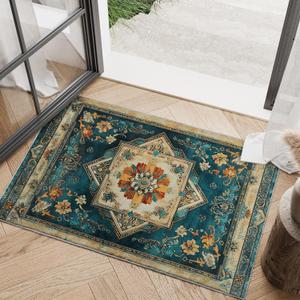 Blue Boho Area Rug 2x3 Vintage Floral Small Carpet Machine Washable Door Mat Low Pile Floor Rugs Flower Medallion Indoor Print Soft Non Slip Rug for Entryway Bathroom Kitchen Home Decor 2'x3' (Sapphire)