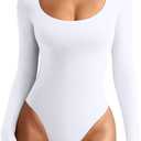 REORIA Women's Sexy Basic Scoop Neck Long Sleeve Double Lined Layering Slim Bodysuit Tops (White) S